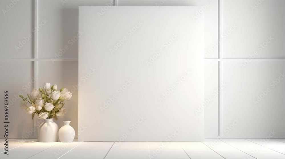 Light white wall and a wooden floor with a flowering pot with interesting light glare. Empty background interior for the presentation. Light white wall and a wooden floor with a flowering pot with interesting light glare. Empty background interior for the presentation.