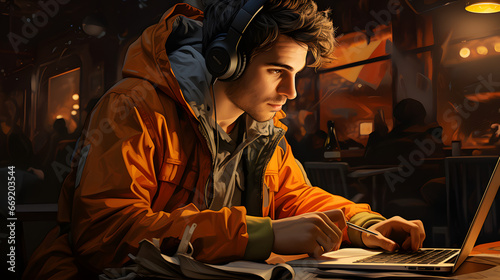 A young man studying while listening to music