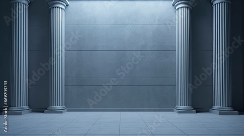 Minimalistic background for product presentation with gray-blue empty wall with columns with lateral lighting photo
