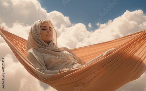 muslim woman relaxing in hammock with full clouds photo