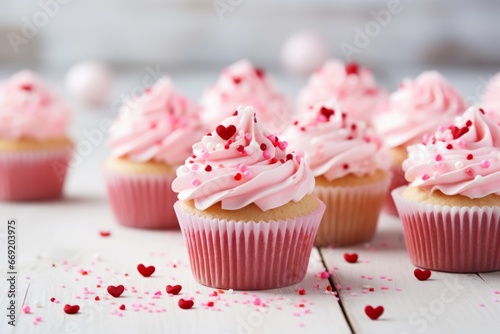 Many cupcakes with pink frosting and heart shaped sprinkles on white wooden table