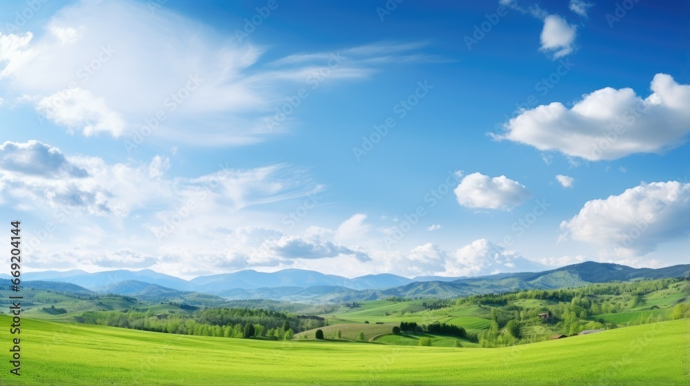 Fototapeta premium Panoramic nature landscape with green grass, blue sky with clouds and mountains in the background