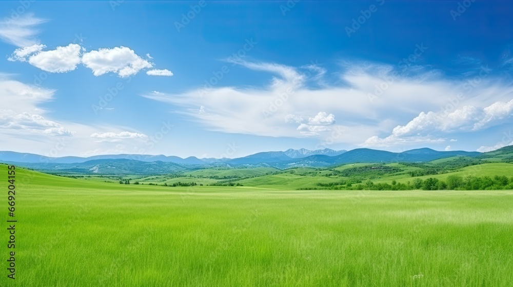 Panoramic nature landscape with green grass, blue sky with clouds and mountains in the background Panoramic nature landscape with green grass, blue sky with clouds and mountains in the background