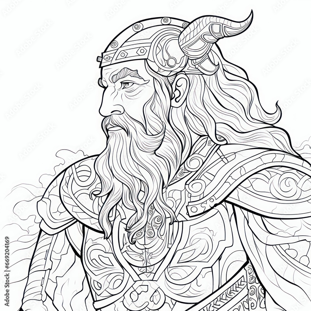 Viking, Scandinavian culture, colorless, line art, bold black outline. Tattoo sketch