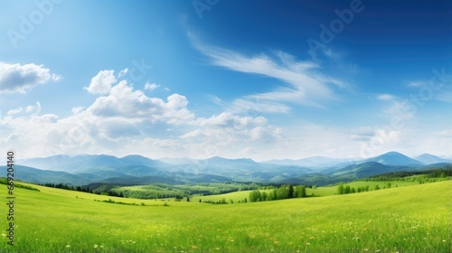 Panoramic nature landscape with green grass, blue sky with clouds and mountains in the background © Creative Canvas