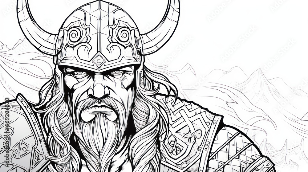 Naklejka premium Viking, Scandinavian culture, colorless, line art, bold black outline. Tattoo sketch