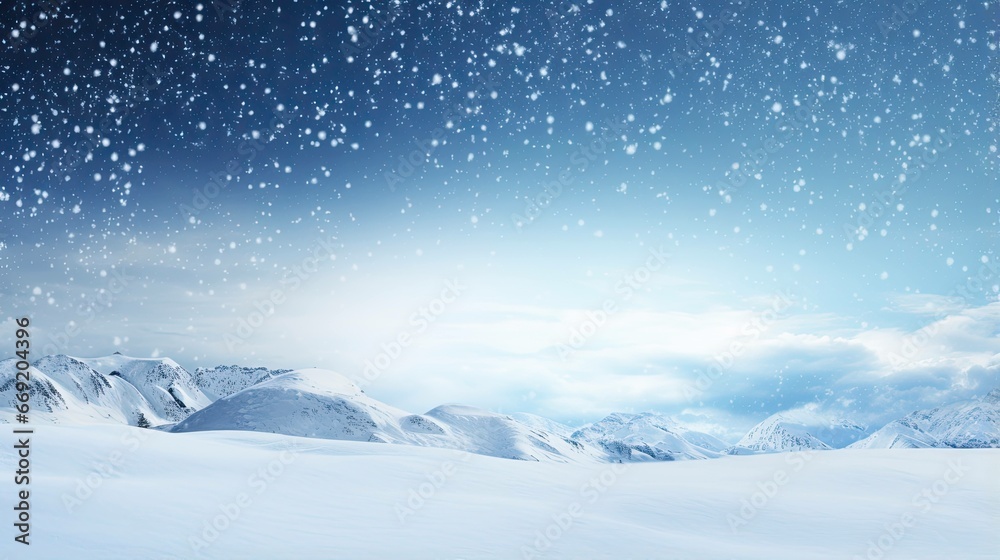 Winter snow background with snowdrifts with beautiful light and Snowy Christmas scene cozy winter night Landscape on the blue sky in the evening
