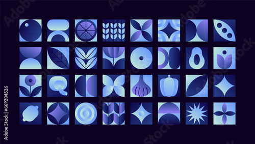 Geometric food pattern. Minimal linear natural organic fruit vegetables plant shapes, gradient brand identity design. Vector simple set