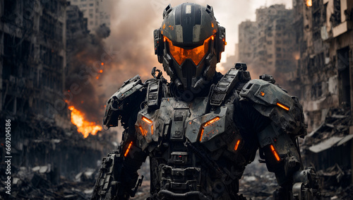 futuristic soldier in exoskeleton power armor standing in a burning ruined city