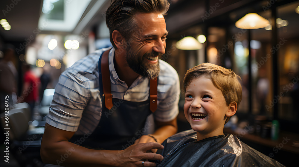 A young boy getting a haircut from a smiling barber A young boy getting a haircut from a smiling barber