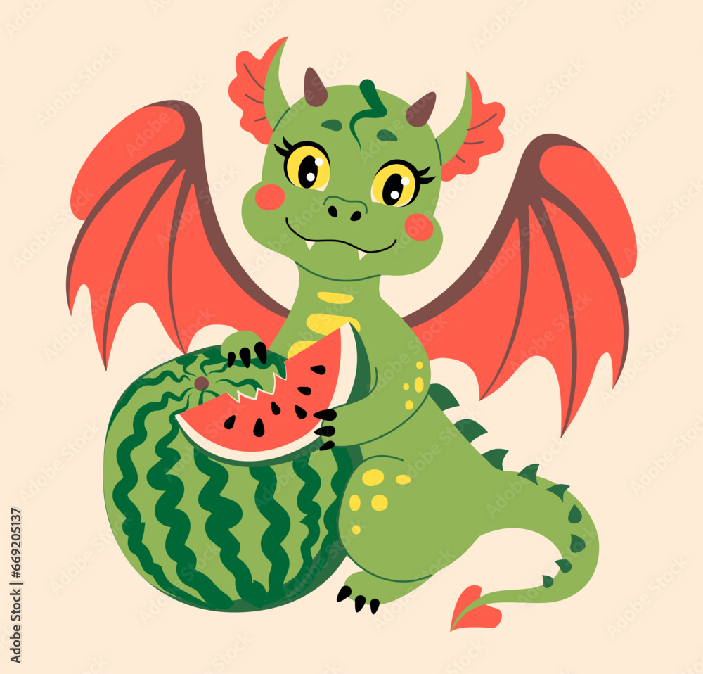 Fototapeta premium Fairytale green dragon with red wings and watermelon . Symbol of Chinese New Year 2024. Vector illustration in flat modern style for banner, t-shirt design. Valentines Day poster or greeting card.