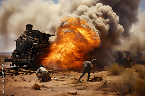 train robbers create an explosion to stop train inn the desert