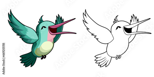 Happy singing hummingbird cartoon vector illustration, Happy bird flying and singing flat style vector image