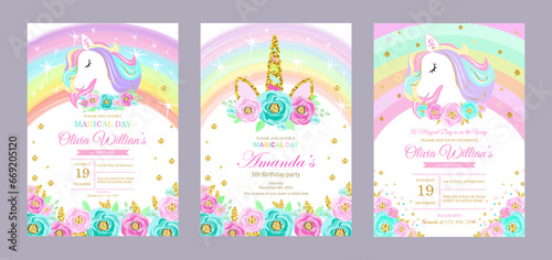 set of invitation cards for the girl's first birthday party with unicorn. Template for baby shower invitation. one year	