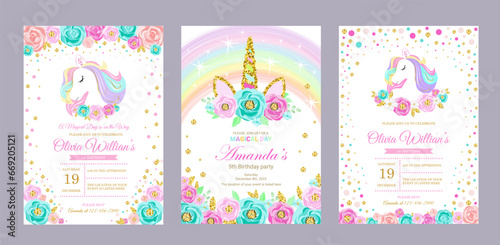 set of invitation cards for the girl s first birthday party with unicorn. Template for baby shower invitation. one year 