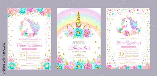 set of invitation cards for the girl's first birthday party with unicorn. Template for baby shower invitation. one year	