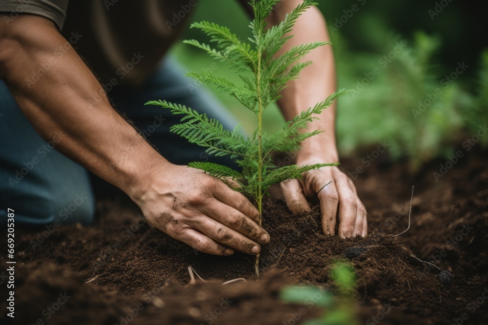 a close-up macro photo of hands of a person planting a young green tree sprout growing up from the black soil in the forest. Growth new life concept.
