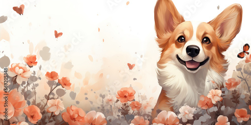 Portrait of a corgi dog on a light monochrome background with pink flowers and hearts and butterflies around the image. Generative ai