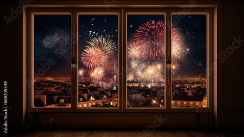 New years eve fireworks from a window of a room for online promotions in warm and happy mood