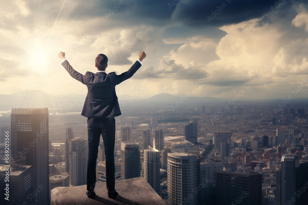 Successful businessman raising arms like a winner standing on roof Successful businessman raising arms like a winner standing on roof