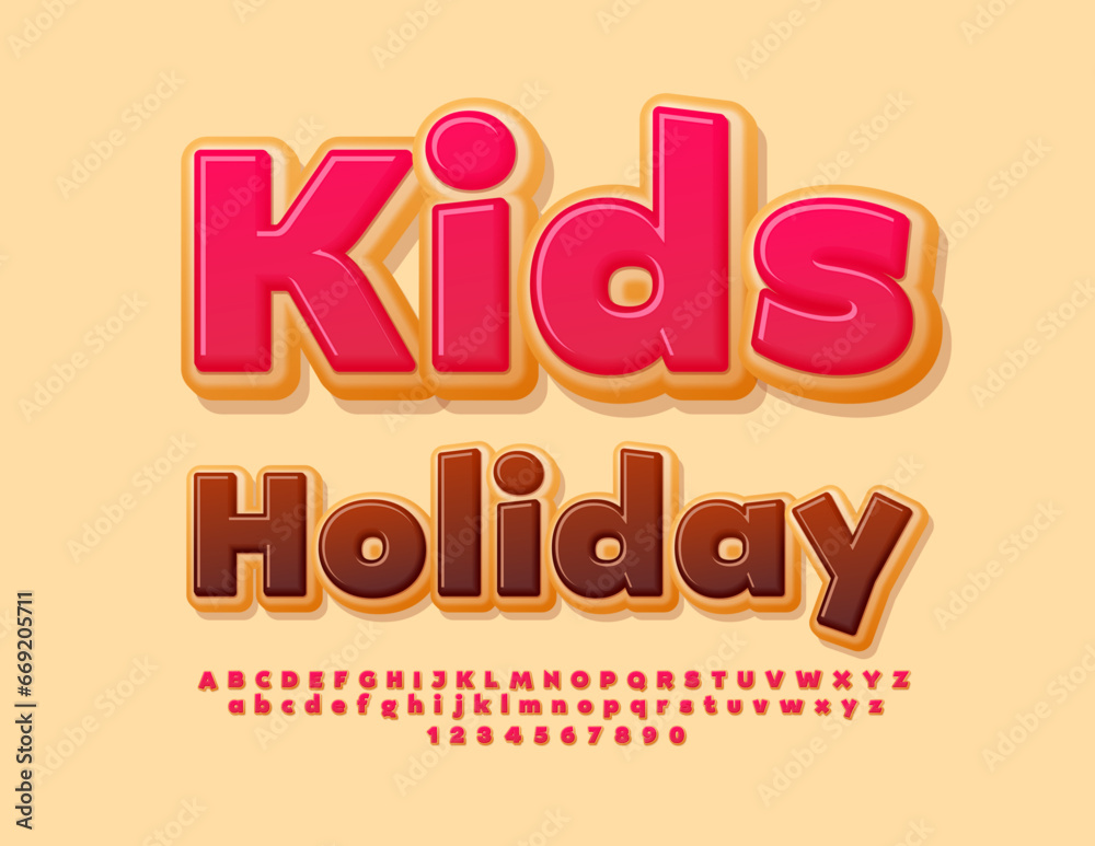 Vector sweet Emblem Kids Holiday. Tasty Cake Font. Delicious Alphabet Letters and Numbers