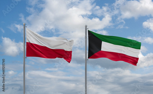 Kuwait and Poland flags, country relationship concept