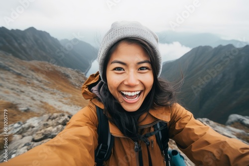 An Asian girl with her sweet smile taking a selfie photo on top of a mountain generative ai © Gilang