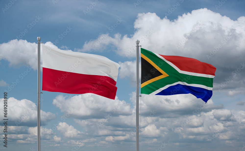 South Africa and Poland flags, country relationship concept South Africa and Poland flags, country relationship concept