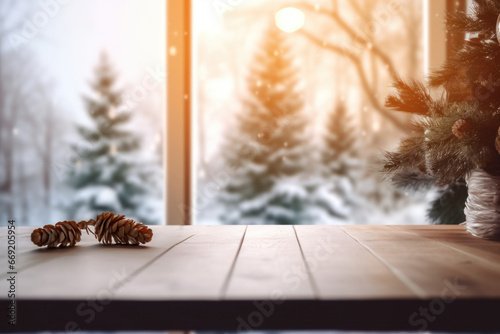 Empty wooden table top with natural pine cone and blurred Christmas holiday background, snowy landscape. Image for display your product.