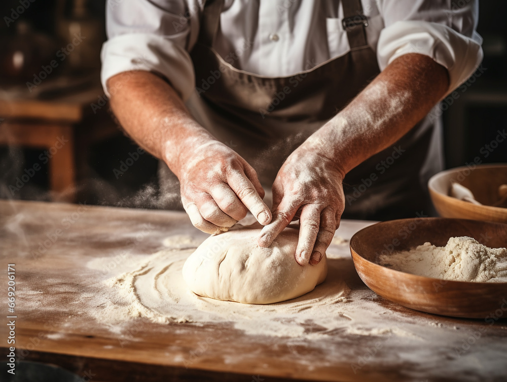 Passionate Baker Kneading Meticulous Dough on Flour-Dusted Countertop: Artisanal Mastery, Warm Tones, Close-Up Shot of Baking Expertise