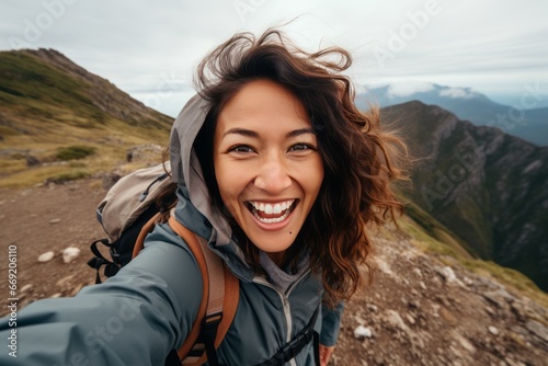 An Asian girl with her sweet smile taking a selfie photo on top of a mountain generative ai © Gilang