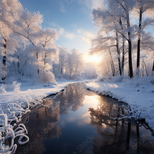 Winter wonderland A serene, snow-covered landscape with glistening trees and a peaceful, icy river under the soft, pastel hues of the setting sun