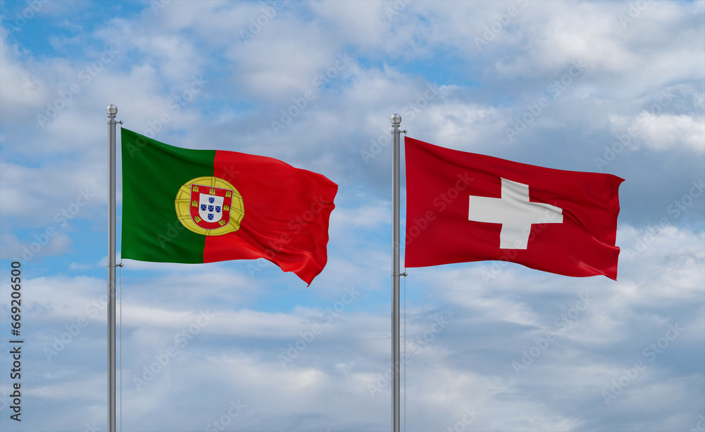 Switzerland and Portugal flags, country relationship concept