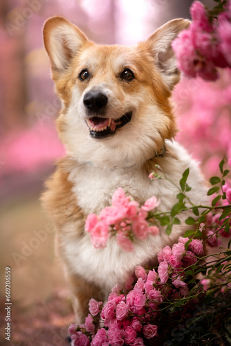Portret psa rasy welsh Pembroke corgi w kwiatach