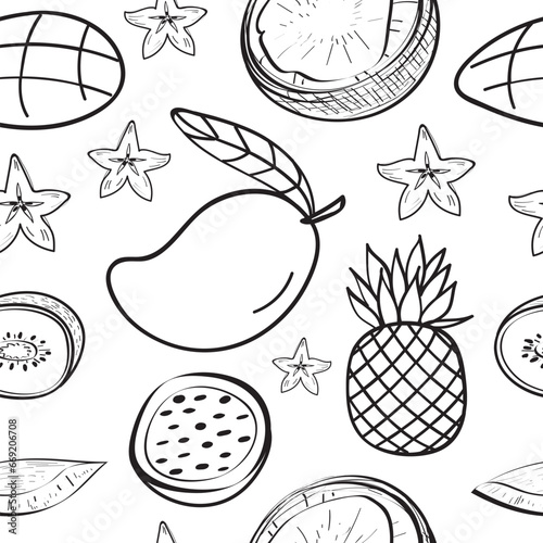 Fototapeta Naklejka Na Ścianę i Meble -  Fruits seamless pattern in doodle style in vector