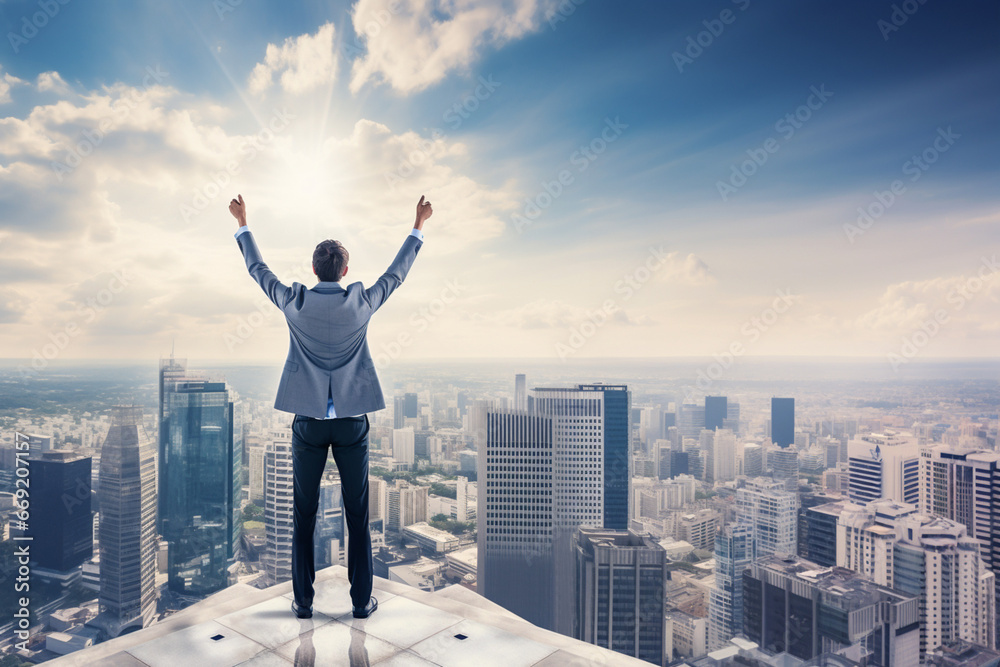 Successful businessman raising arms like a winner standing on roof Successful businessman raising arms like a winner standing on roof
