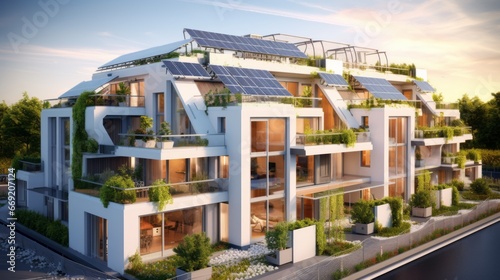 modern eco-friendly multifamily homes with photovoltaic cells © medienvirus