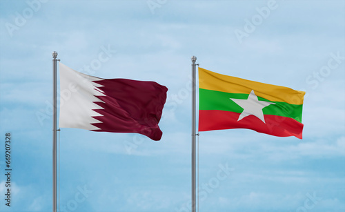 Myanmar and Qatar flags, country relationship concept