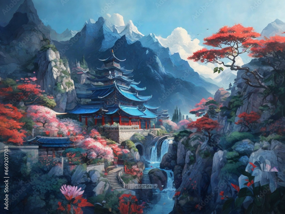 Painting of a chinese architecture with trees and mountains
