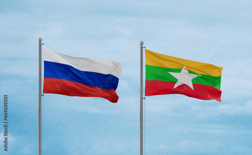 Myanmar and Russia flags, country relationship concept Myanmar and Russia flags, country relationship concept