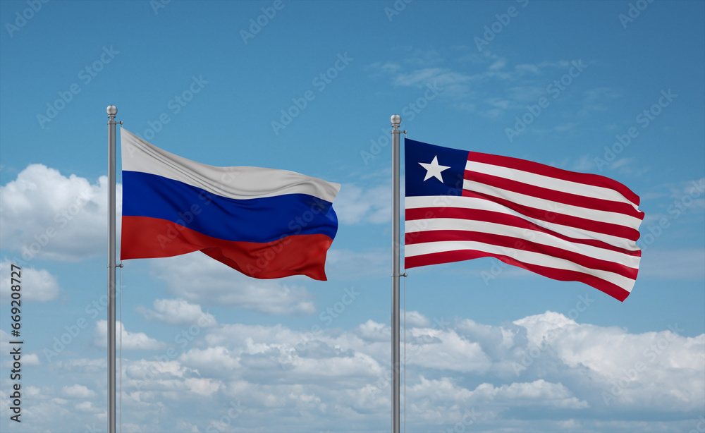 Liberia and Russia flags, country relationship concept