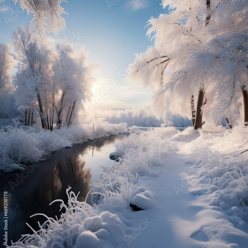 Winter wonderland A serene, snow-covered landscape with glistening trees and a peaceful, icy river under the soft, pastel hues of the setting sun © Svitlofor
