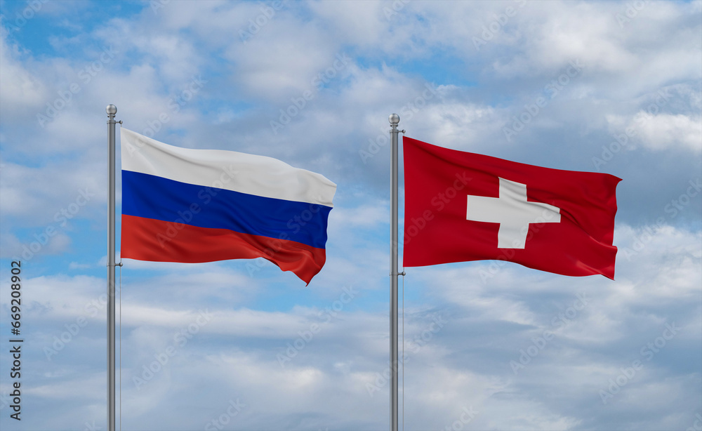 Switzerland and Russia flags, country relationship concept