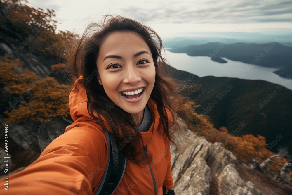 An Asian girl with her sweet smile taking a selfie photo on top of a mountain generative ai