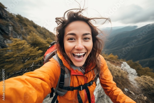 An Asian girl with her sweet smile taking a selfie photo on top of a mountain generative ai