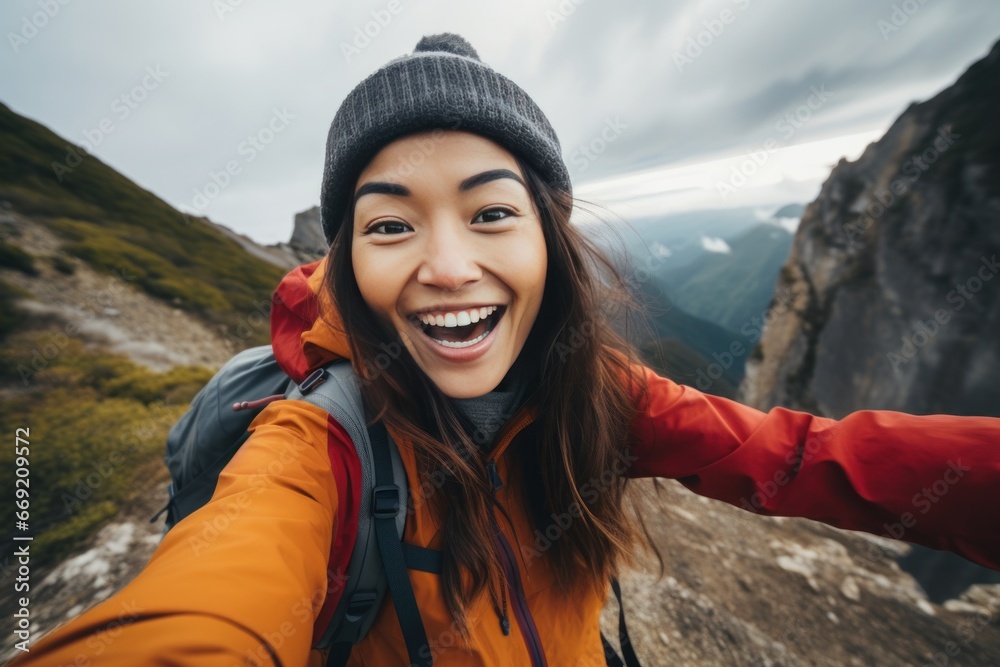 An Asian girl with her sweet smile taking a selfie photo on top of a mountain generative ai