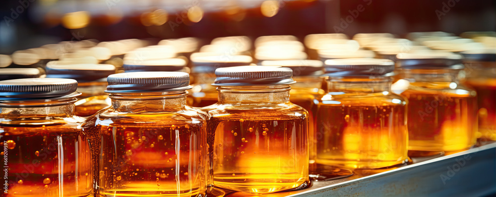 Filling empty jars with fresh honey in factory. Filling empty jars with fresh honey in factory.