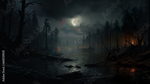 Enchanted Moonlit Forest Halloween's Veiled Secret, Mysterious forest with a moonlit path fog and a Halloween backdrop hint © Ikhou