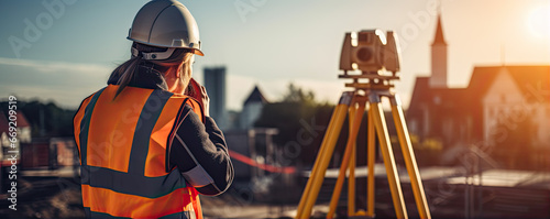 Surveyor site Engineer with helmet and theodolite equipment for construction buildings. copyspace for your text. photo