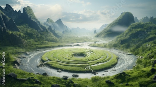 circular hill made of grass with a raging river